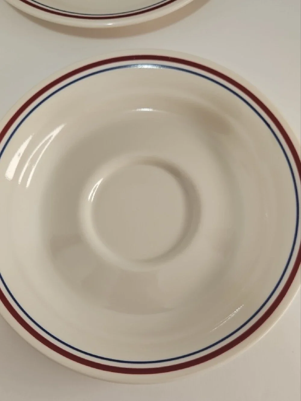 Corelle Saucers Retired Abundance Pattern, beige W/ Blue&Maroon Rings - Set of 4